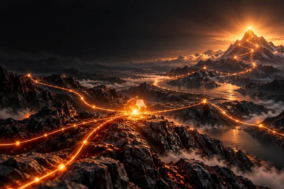 An illuminated path connects distant mountain peaks